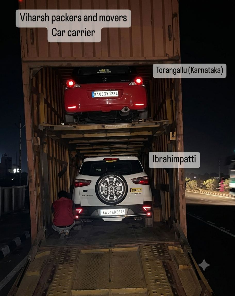 Two cars on a multi-car carrier, Torangallu to Ibrahimpatti route
