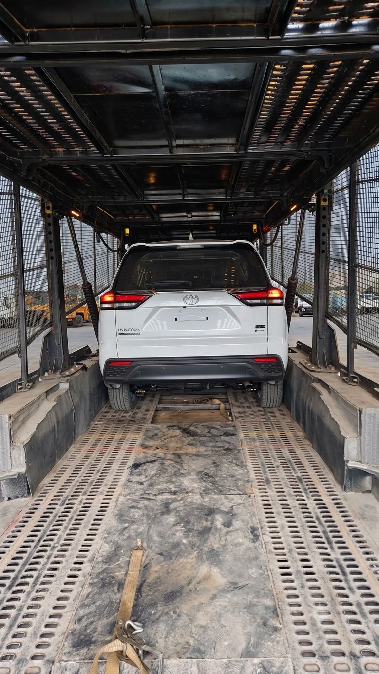 SUV loaded on an open double-decker car carrier