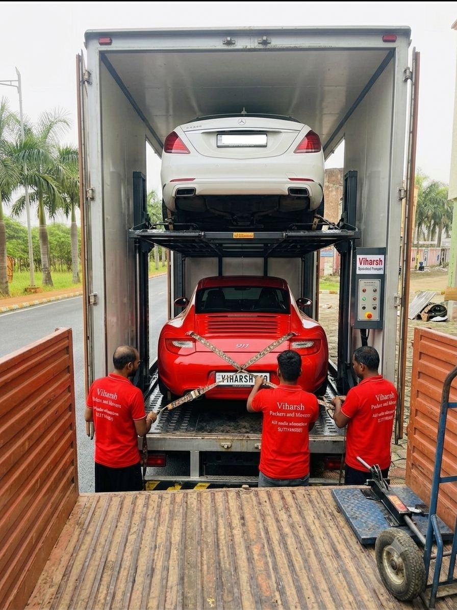 Cars secured on a car carrier truck