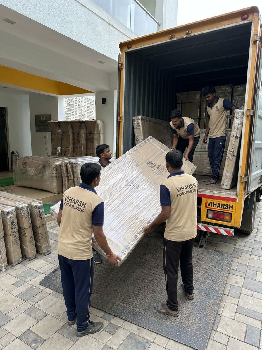 Team loading wrapped items into a container truck at a building